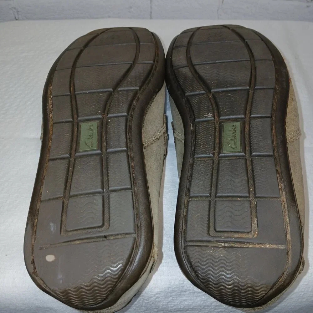 MENS CLARK ACTIVE AIR LEATHER BOAT SHOES, GRAY, SIZE 9.5, GOOD CONDITION